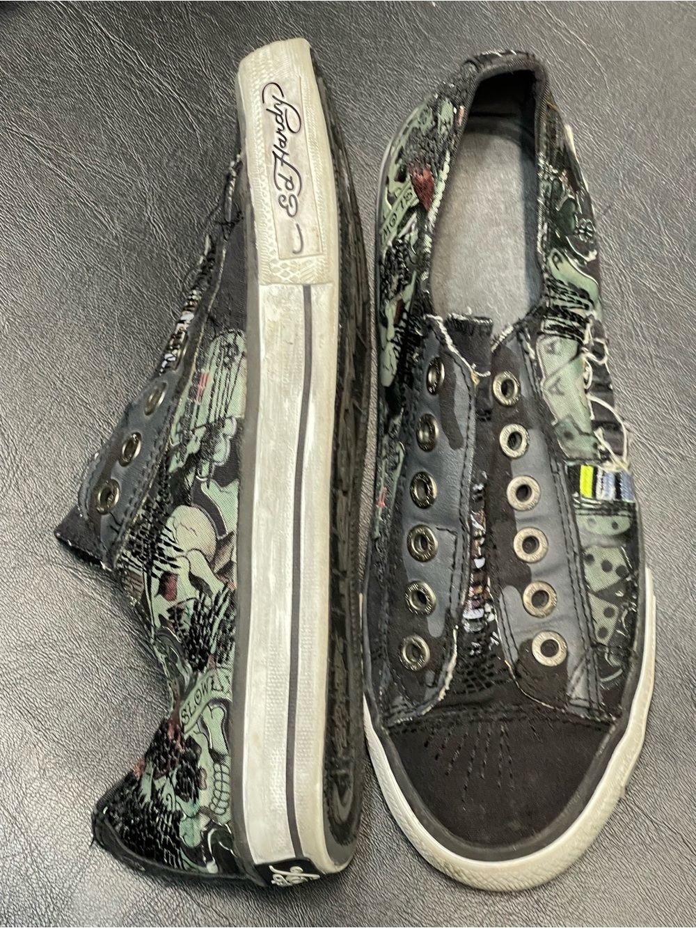 Ed Hardy Black Slip-On Graphic Loafers with Green and Gray Accents
